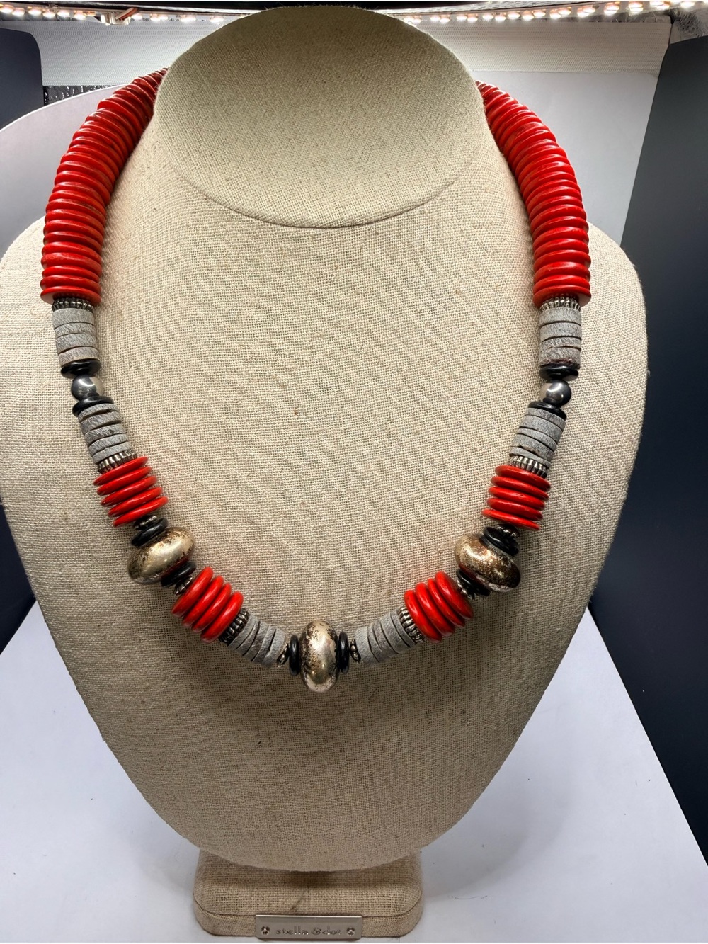 Red Heishi Bead Style and Silver Tone Statement Necklace